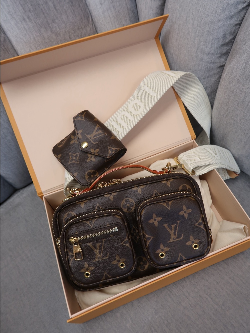 Louis Vuitton Monogram Canvas Double Pocket Crossbody with Ivory Strap